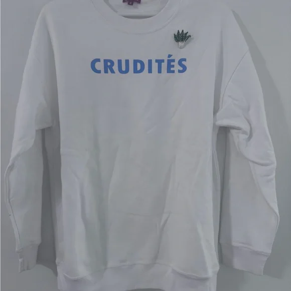 NWOT STAUD Crudités Slogan White Sweatshirt with Blue Print and Pin. - Picture 2 of 7